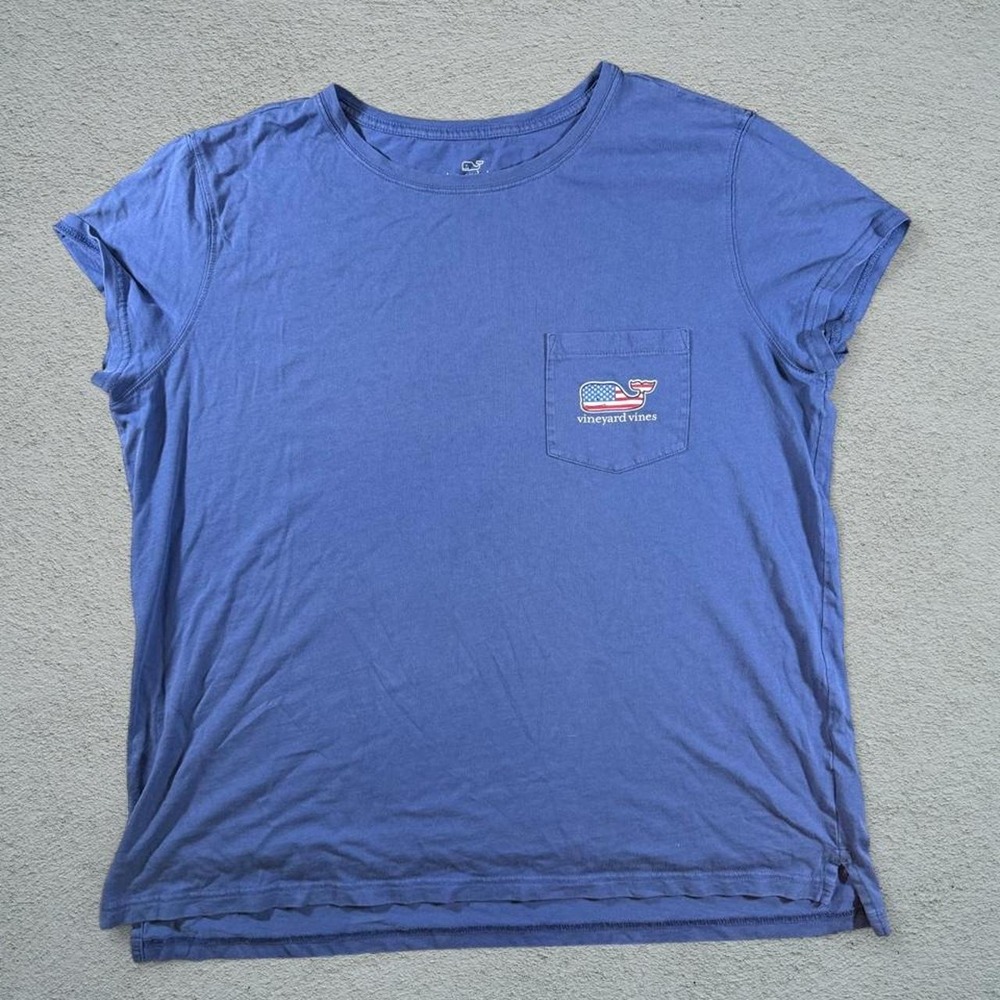 Vineyard Vines Womens Blue American Flag Whale Pocket Tee Size M